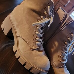 Tan side zip boots with lace accent